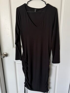 SHEIN Black V-Neck Ruched Long Sleeve Dress